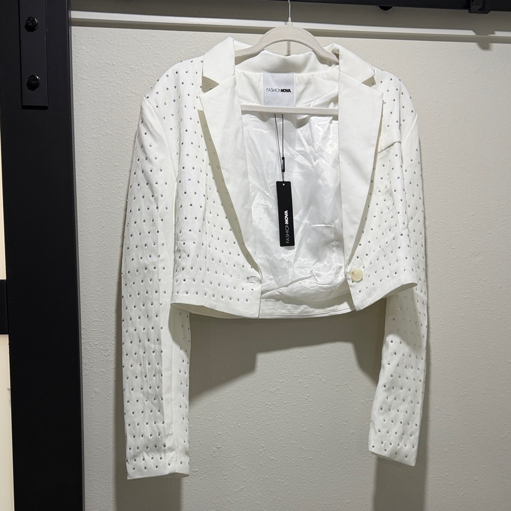 Fashion Nova White Cropped Studded Blazer